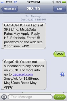 GagaCell IQ Spam Text Message