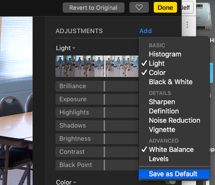 Save as Default adjustment set in Photos in macOS Sierra