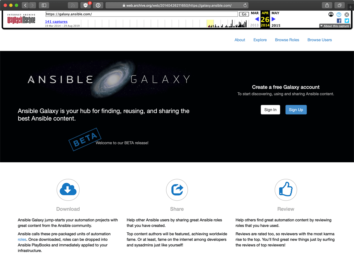 Ansible Galaxy in 2014, courtesy of the Wayback Machine