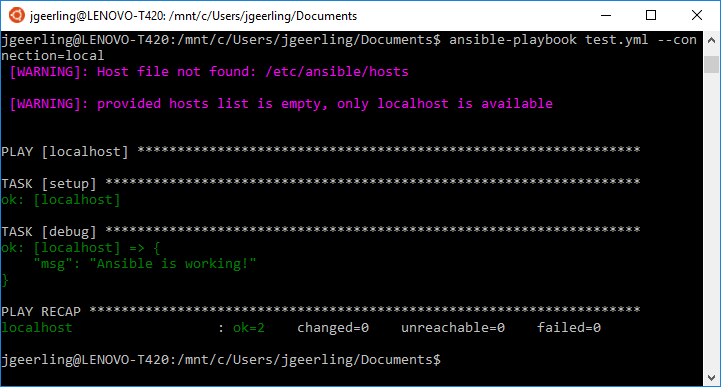 Ansible test playbook running on Windows in the Ubuntu Bash shell