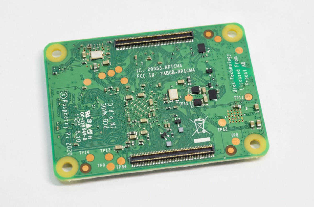 Underside of the Raspberry Pi Compute Module 4, showing board-to-board connectors