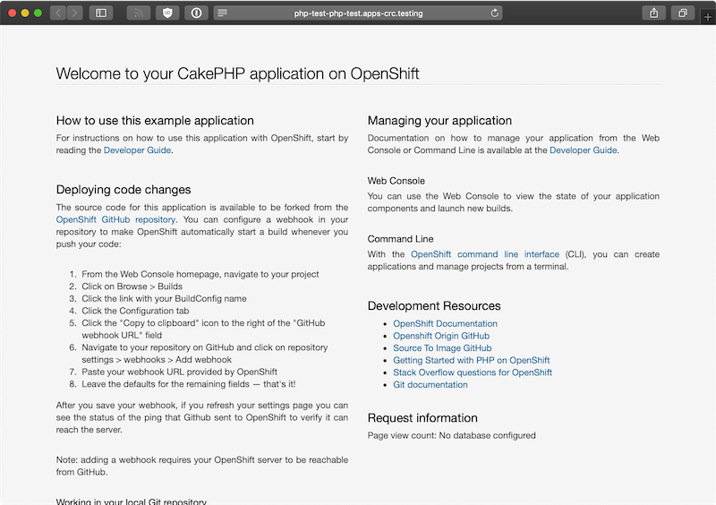 CRC OpenShift demo CakePHP application