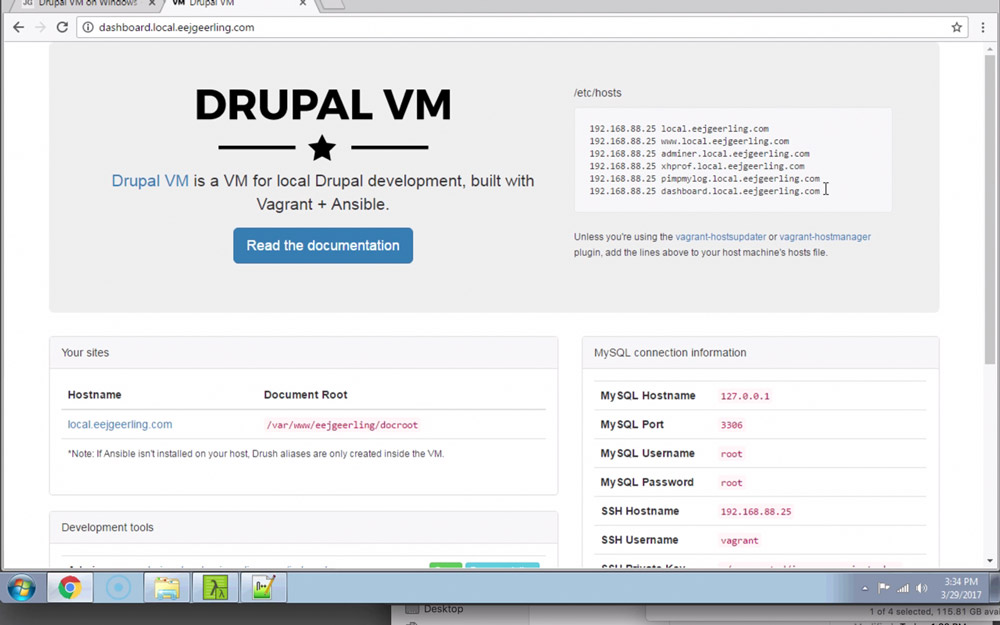Drupal VM Dashboard page on Windows 7