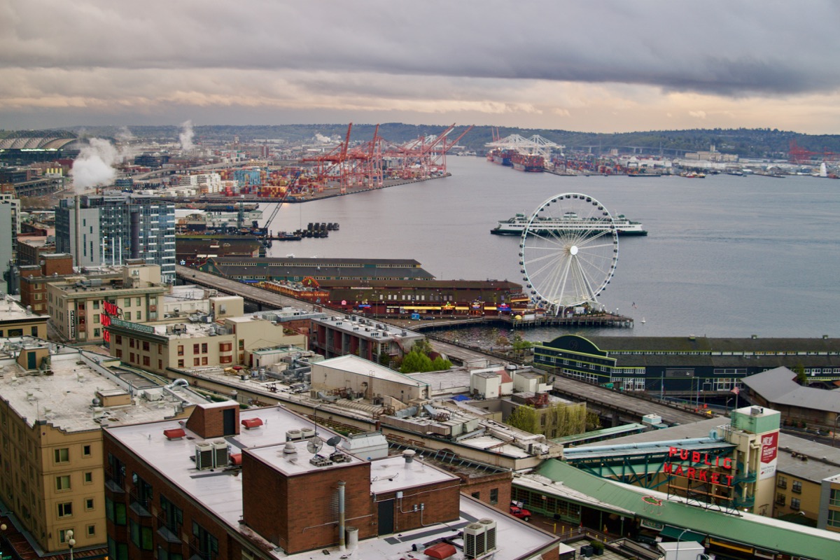 Ferris wheel at Elliot Bay and docks in Seattle WA