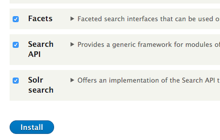 Install Facets, Search API, and Solr Search modules in Drupal 8
