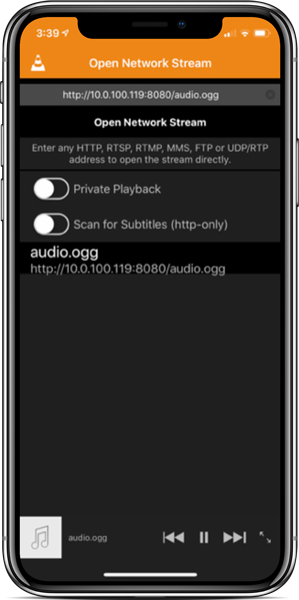 iPhone iOS VLC client opening audio stream