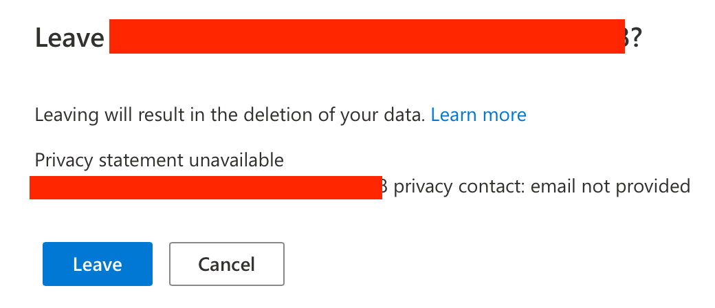Microsoft MyAccount Leave Organization data deletion warning