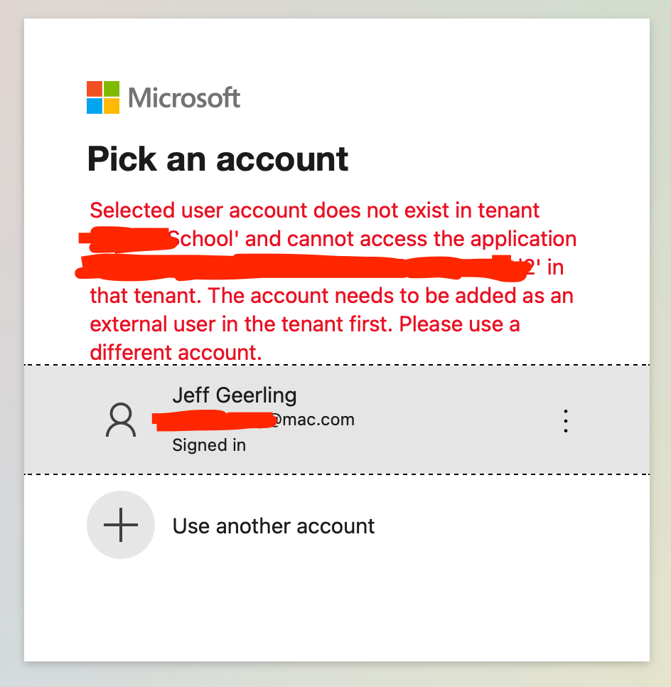 Microsoft Account does not exist in tenant