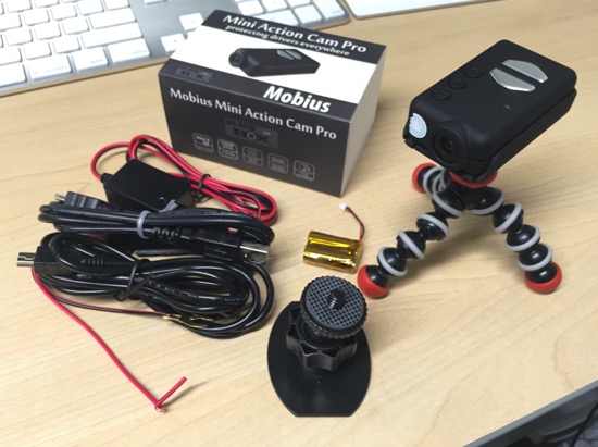 Mobius Action Cam kit with mount, super capacitor, 12v car power, and mini stand