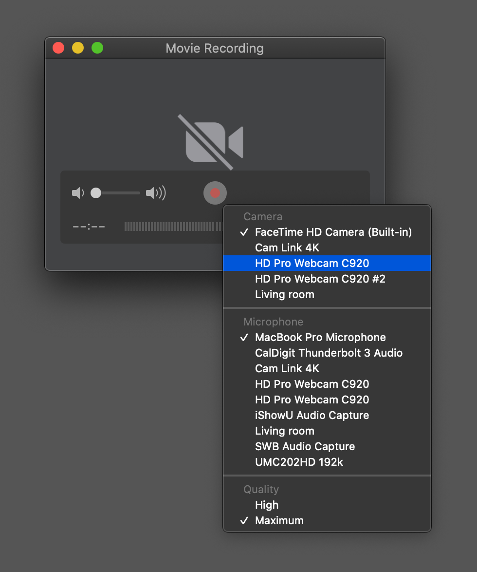 Movie recording interface QuickTime Player