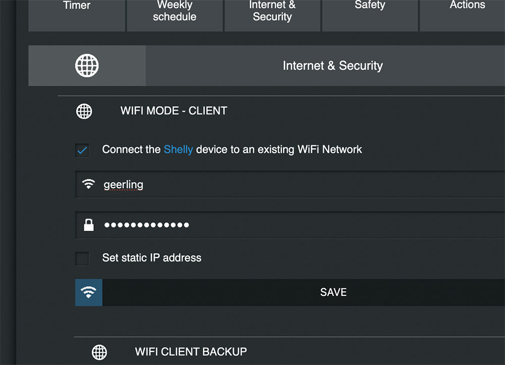 Shelly Plug - WiFi Client Mode connection settings