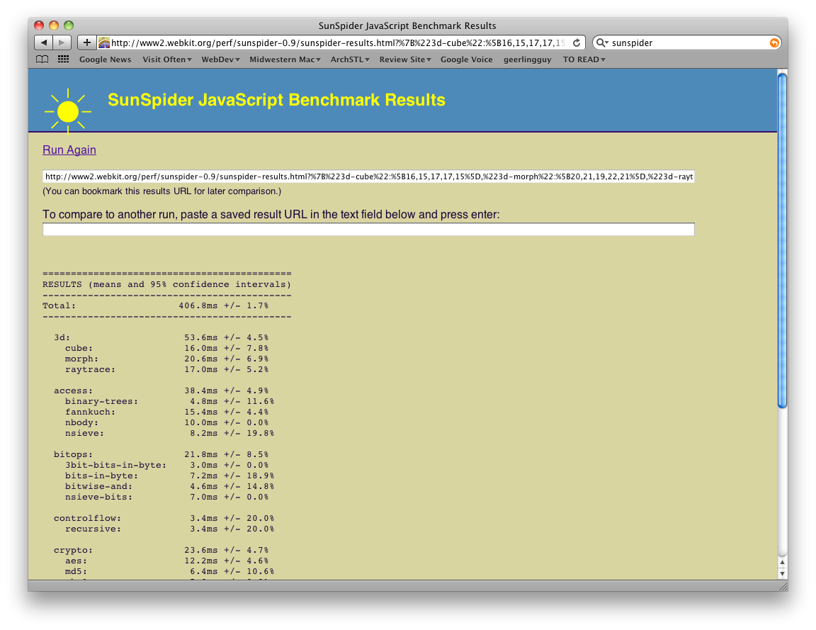 Sunspider Results - Macbook Pro