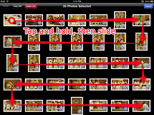 Tap and hold, then slide, to batch select photos on iPad