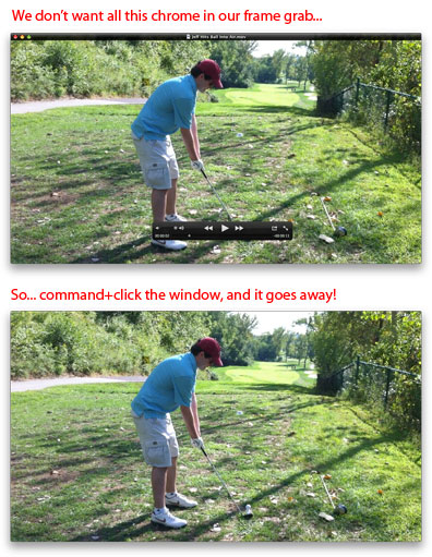 Command-Click on a QuickTime Window to remove the chrome for a clean frame grab.