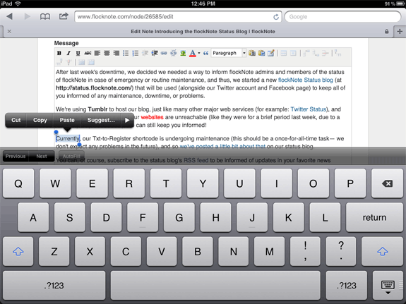 iPad 2 WYSIWYG TinyMCE Editing