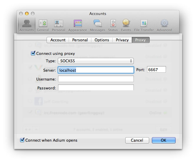Adium SOCKS5 proxy settings for IRC tunnel on port 6667