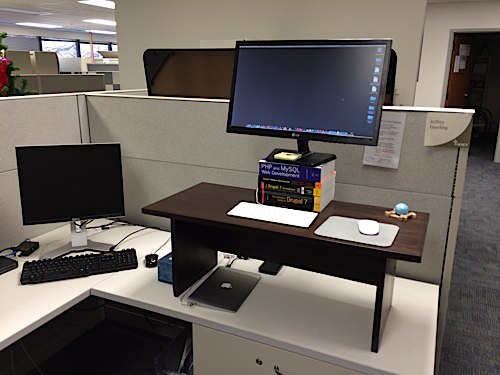 Standing Desk in cubicle at work