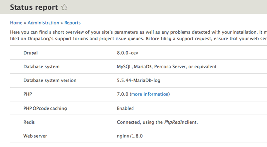 Drupal VM - Drupal 8 status report page showing Nginx, Redis, MariaDB, and PHP 7
