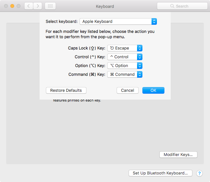 Remap the Escape key to Caps Lock on macOS Sierra 10.12.1