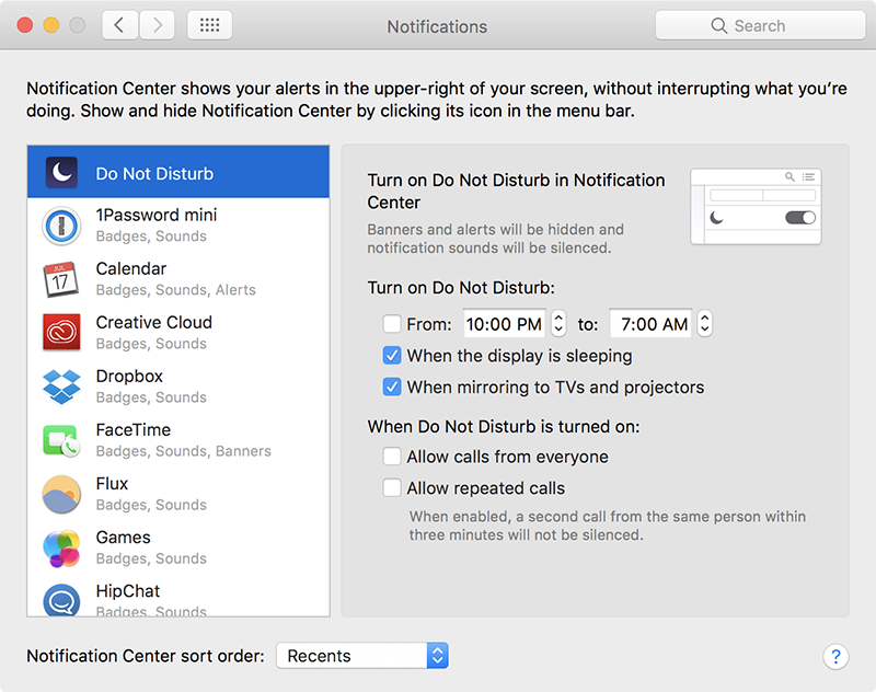 Don't display notifications using Do Not Disturb's When the display is sleeping option