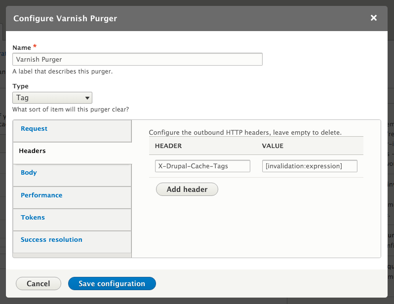 Configure HTTP purger header settings