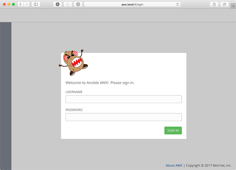 Ansible AWX login screen angry potato