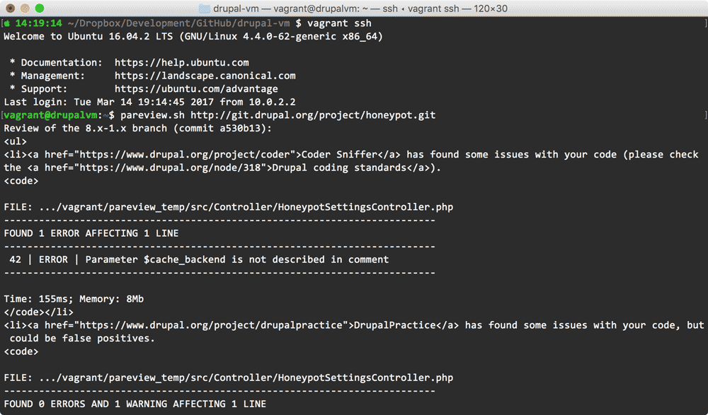 Drupal VM pareview.sh script after vagrant ssh