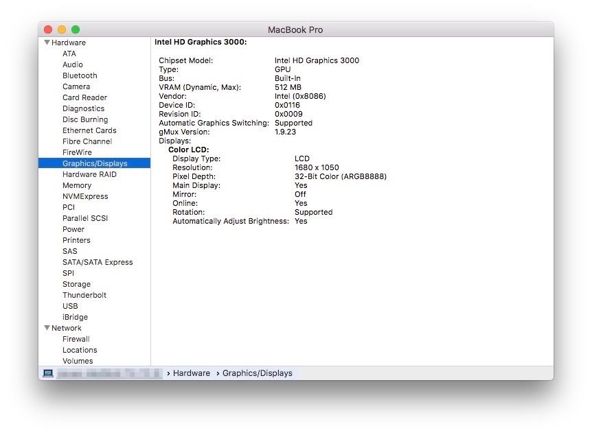 Intel HD Graphics 3000 integrated graphics GPU and no AMD Radeon GPU on 2011 MacBook Pro