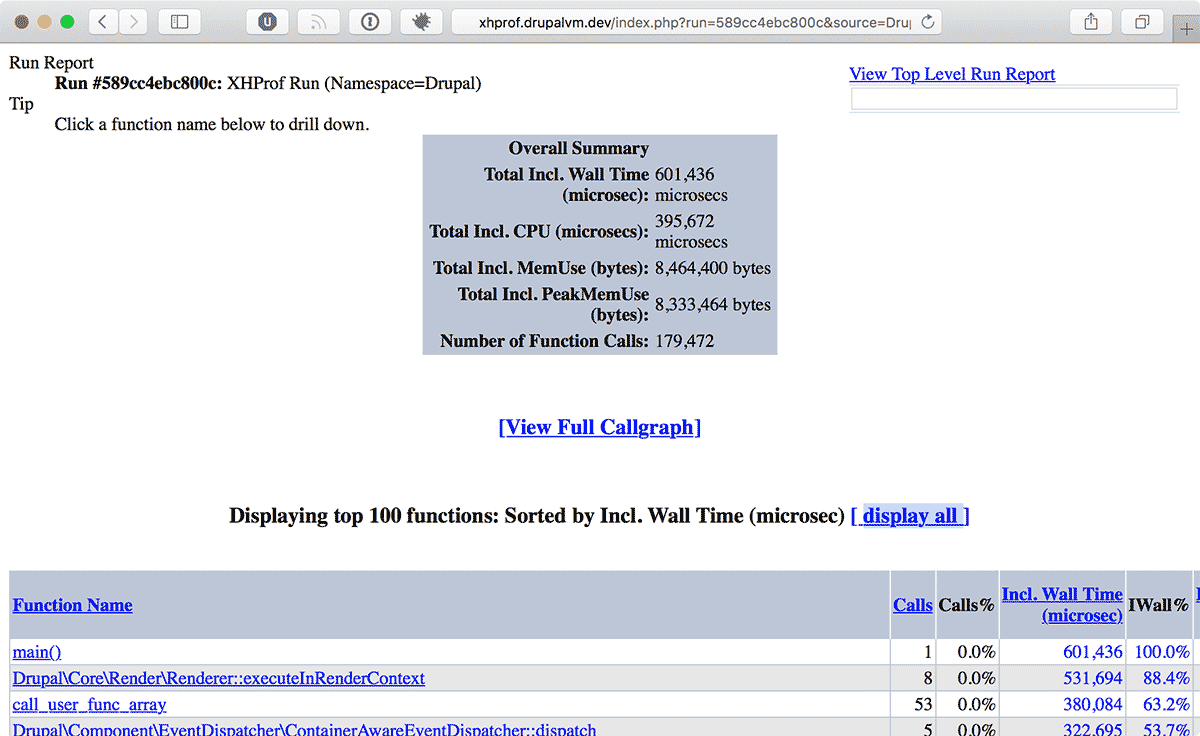 Drupal 8 home page XHProf profile GUI