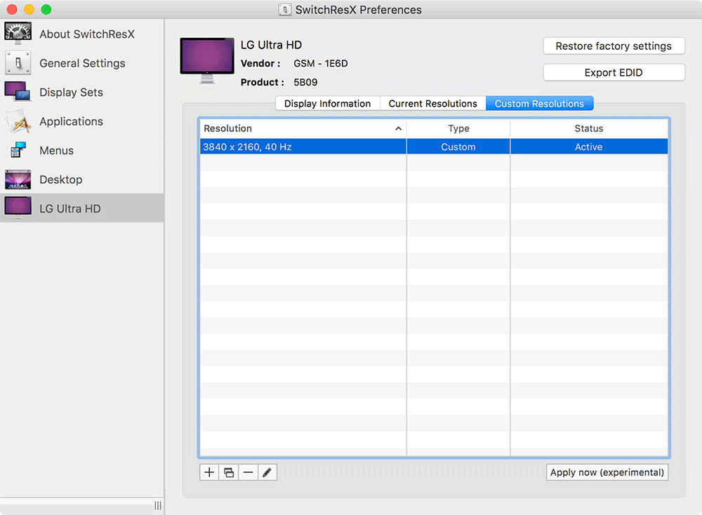 SwitchResX - custom 4K resolution at 40 Hz refresh rate