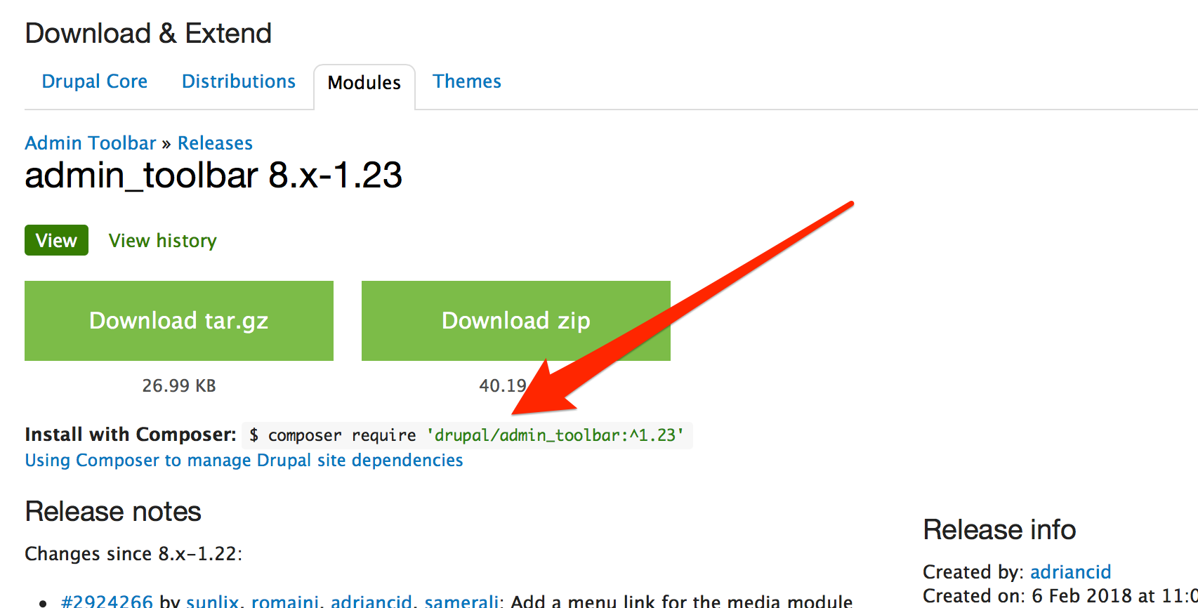 Install with Composer on Drupal.org project release page