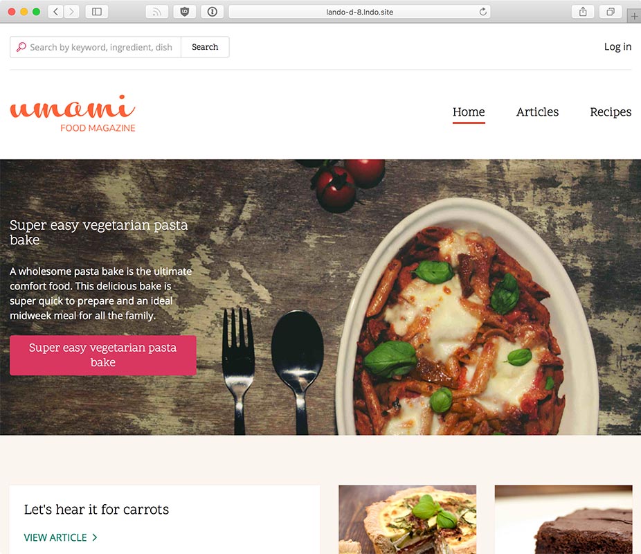 Umami demo profile running on Lando for Drupal 8
