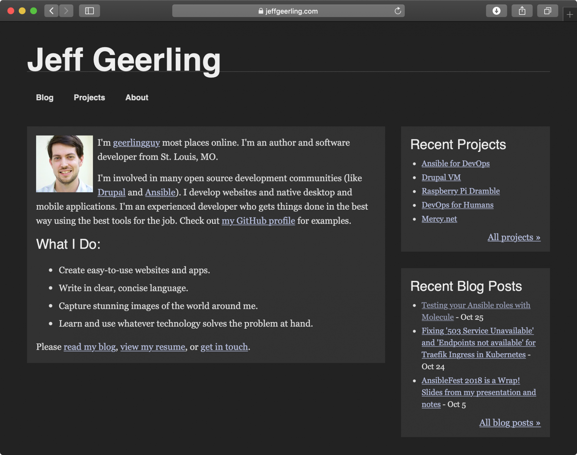 Jeff Geerling.com in dark mode on macOS Mojave