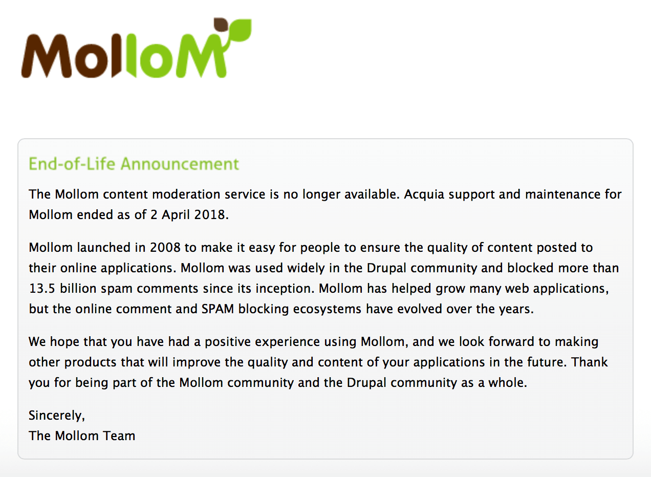 Mollom End of Life Announcement from their homepage
