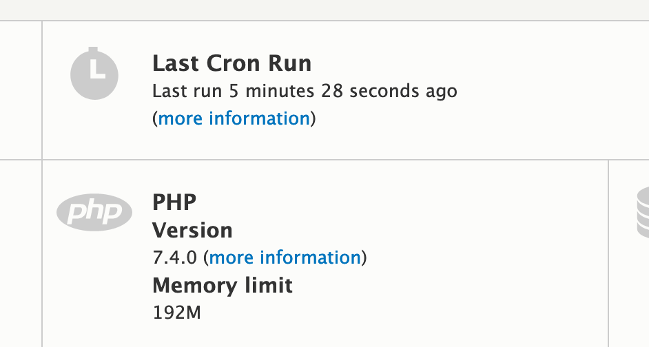 PHP 7.4.0 running on Drupal VM with Drupal 8's status report page