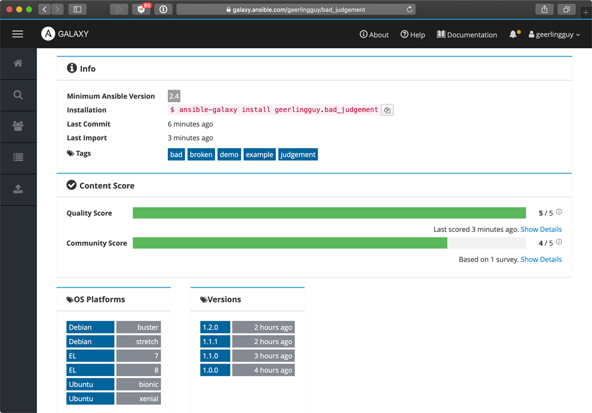 Ansible Galaxy Bad Judgement role details page