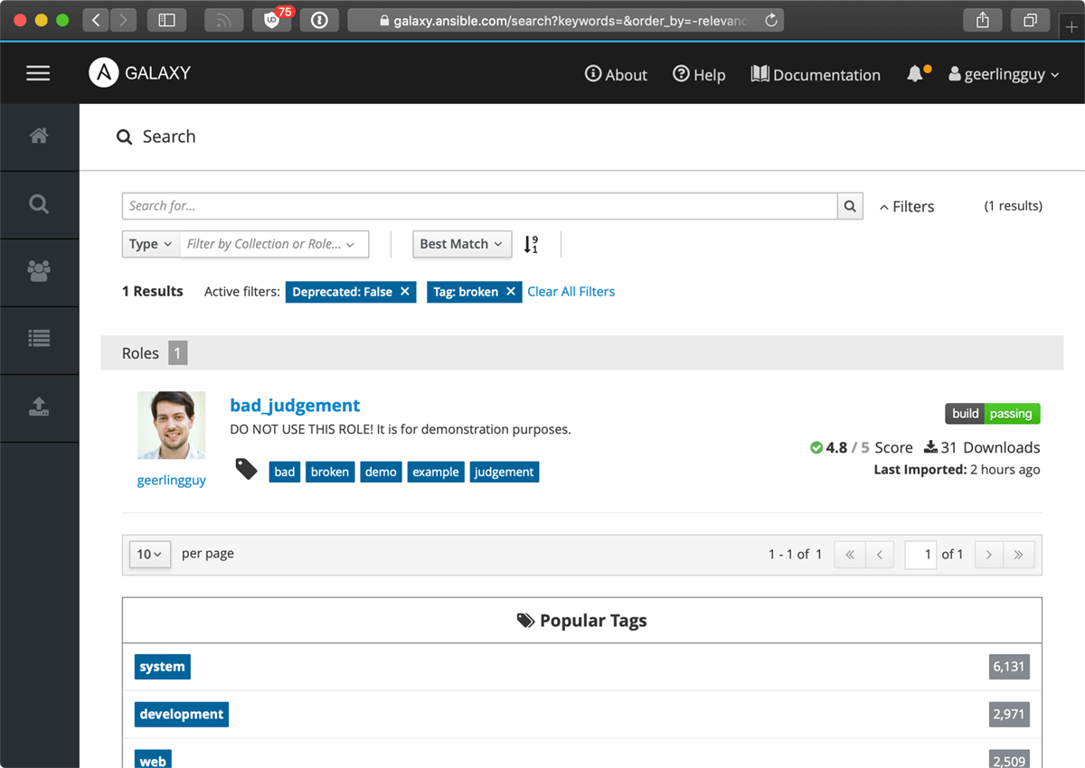 Ansible Galaxy search results for 'Bad Judgement'