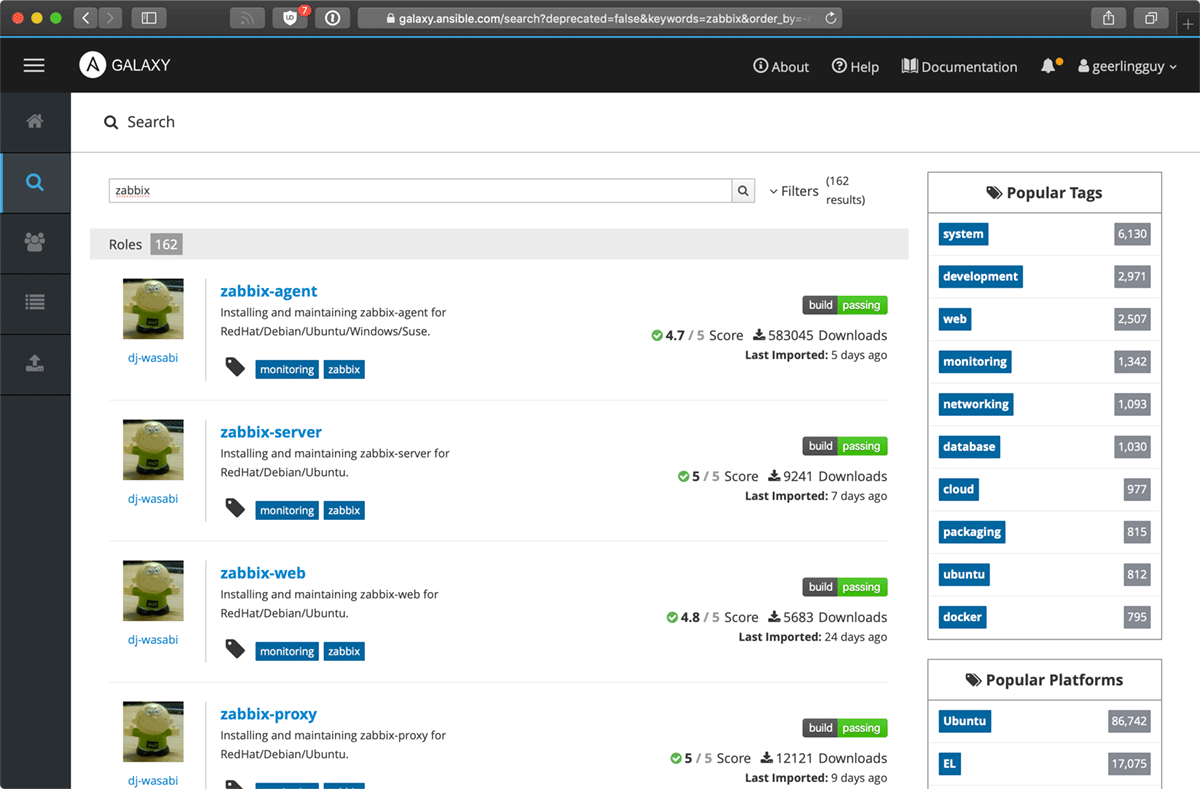 Ansible Galaxy search results for 'Zabbix'