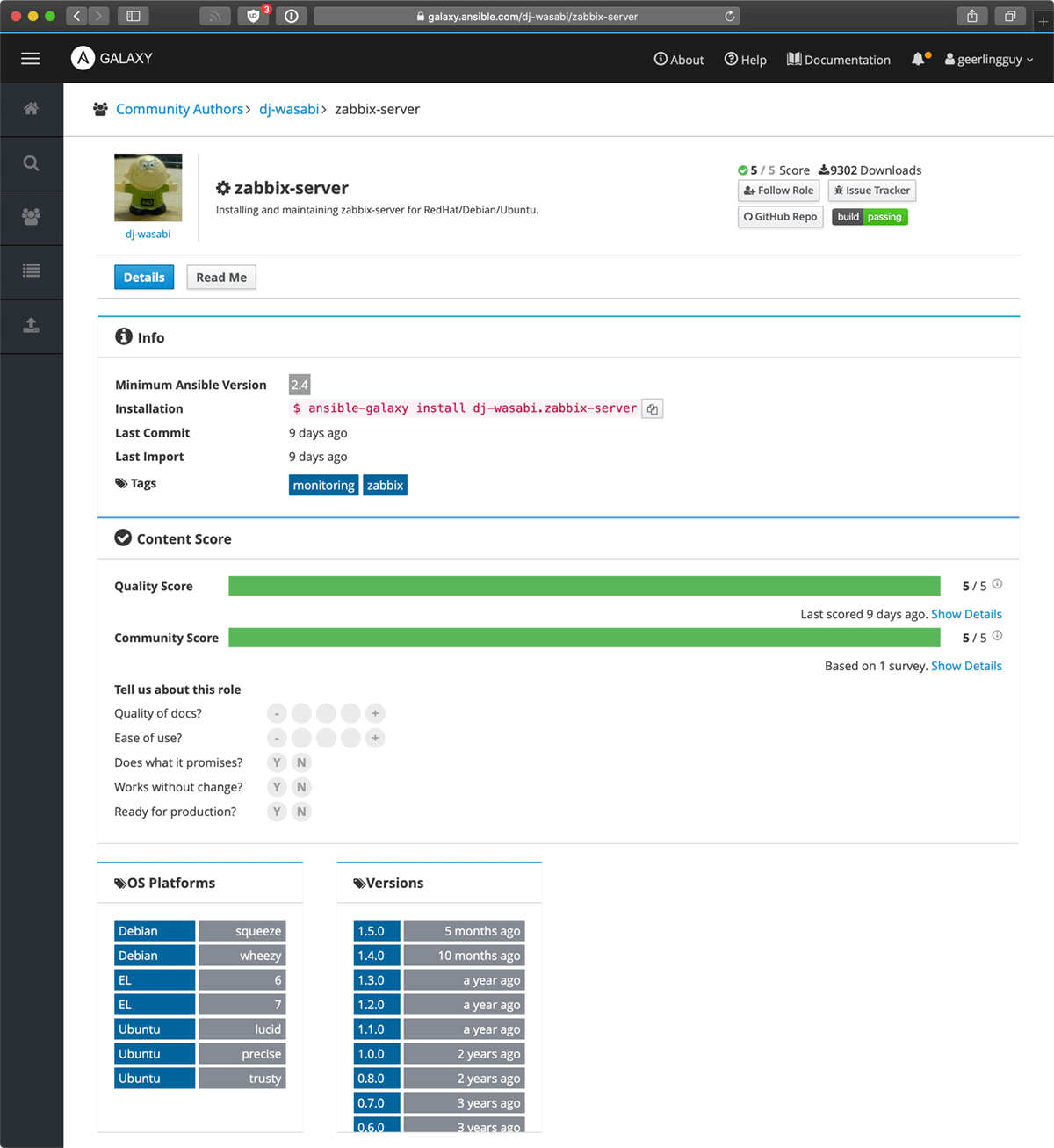 Ansible Galaxy Zabbix role details page