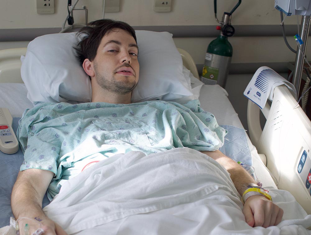 Jeff Geerling in hospital bed recovering from 2018 ostomy surgery