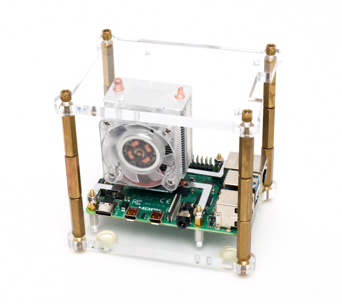 Raspberry Pi 4 inside hacky frankencase with the ICE Tower cooling fan