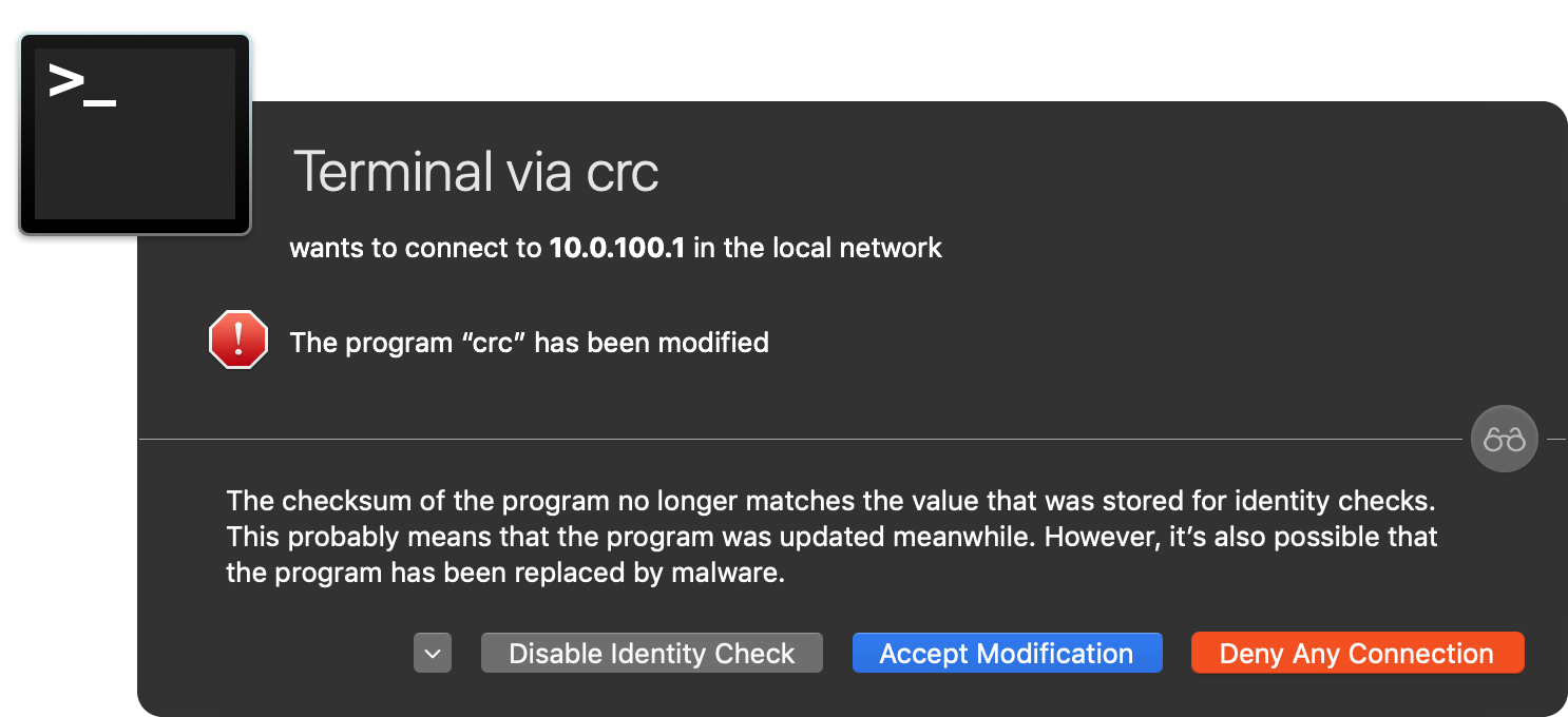 CRC has been modified terminal warning
