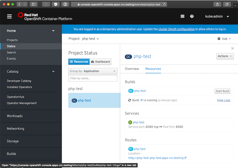 CRC Openshift project application resource build progress monitoring