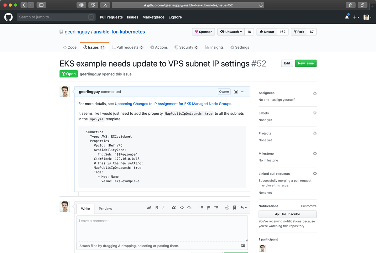 Filing a GitHub issue for EKS change for IP behavior