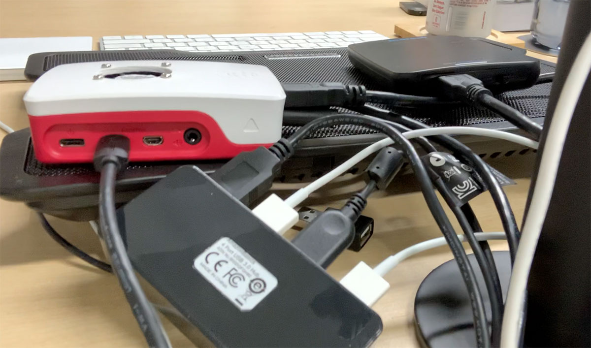 Rat's nest of cables in Pi 4 setup