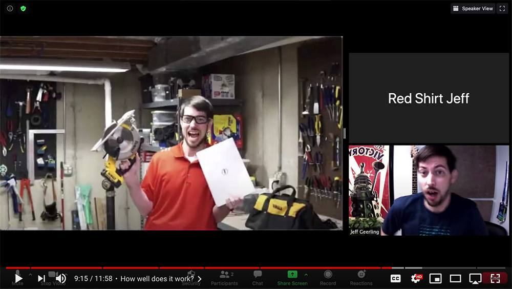 Red Shirt Jeff with circular saw and Dell laptop