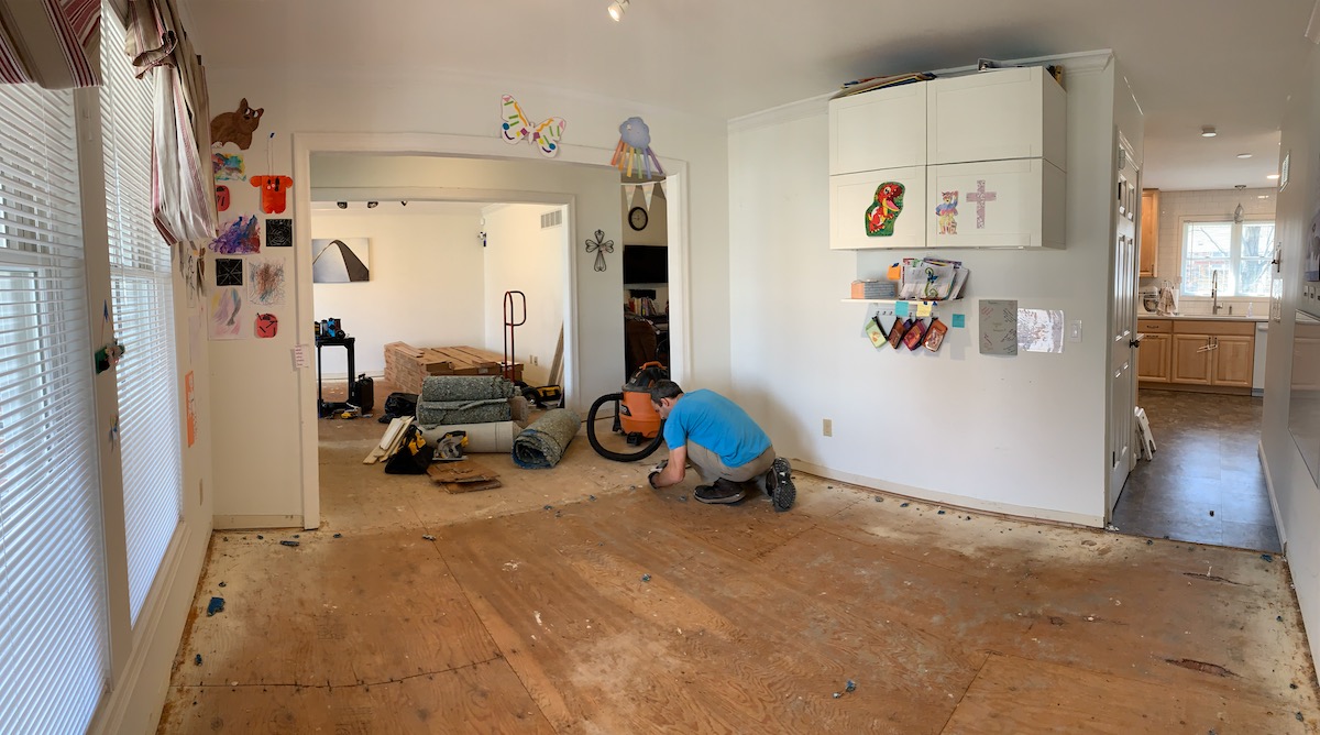 Flooring project demolition removing carpet and parquet