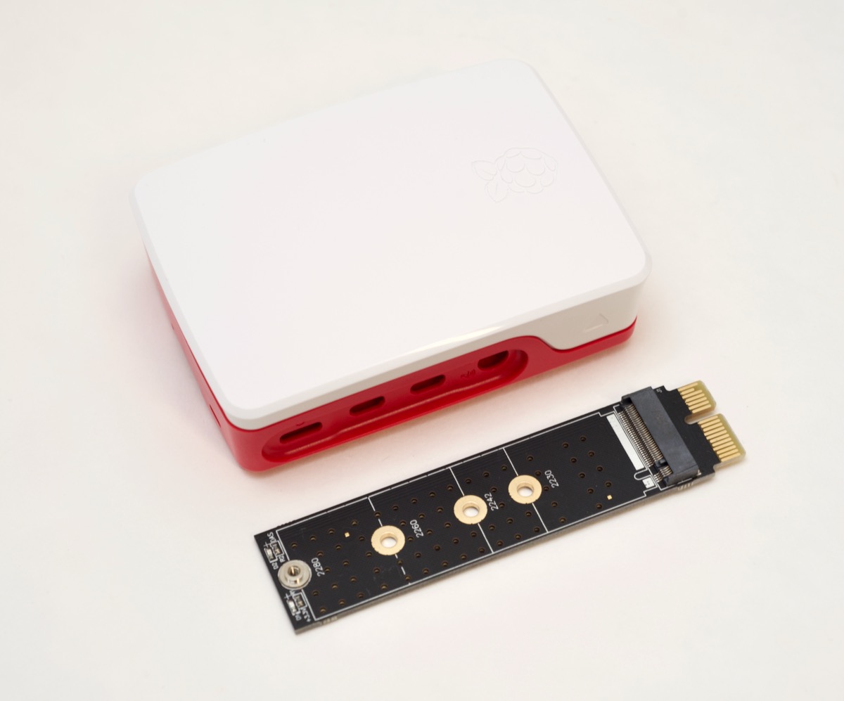 PCIe NVMe M.2 adapter card with Pi 4 model B case