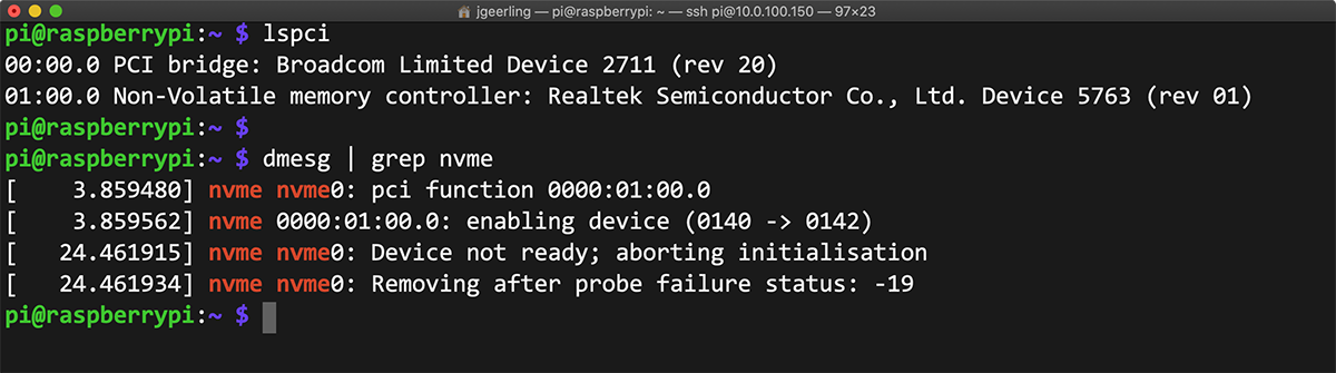 dmesg error output for Realtek NVMe drive on Compute Module 4
