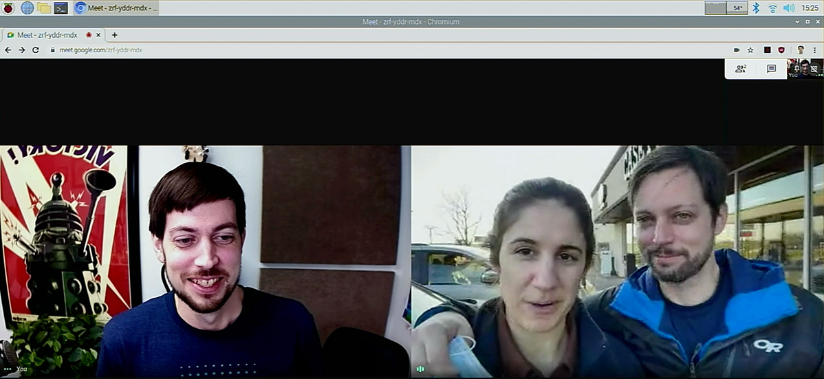 Jeff chats with Joel on Google Meet on the Pi 400 using the Pi Webcam